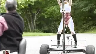 Naked Ass Cart Ride Outdoors For A Fat Ass Slave