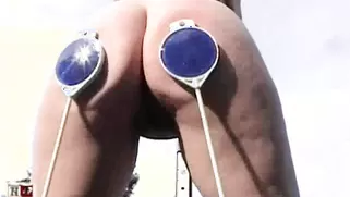 Naked Ass Cart Ride Outdoors For A Fat Ass Slave